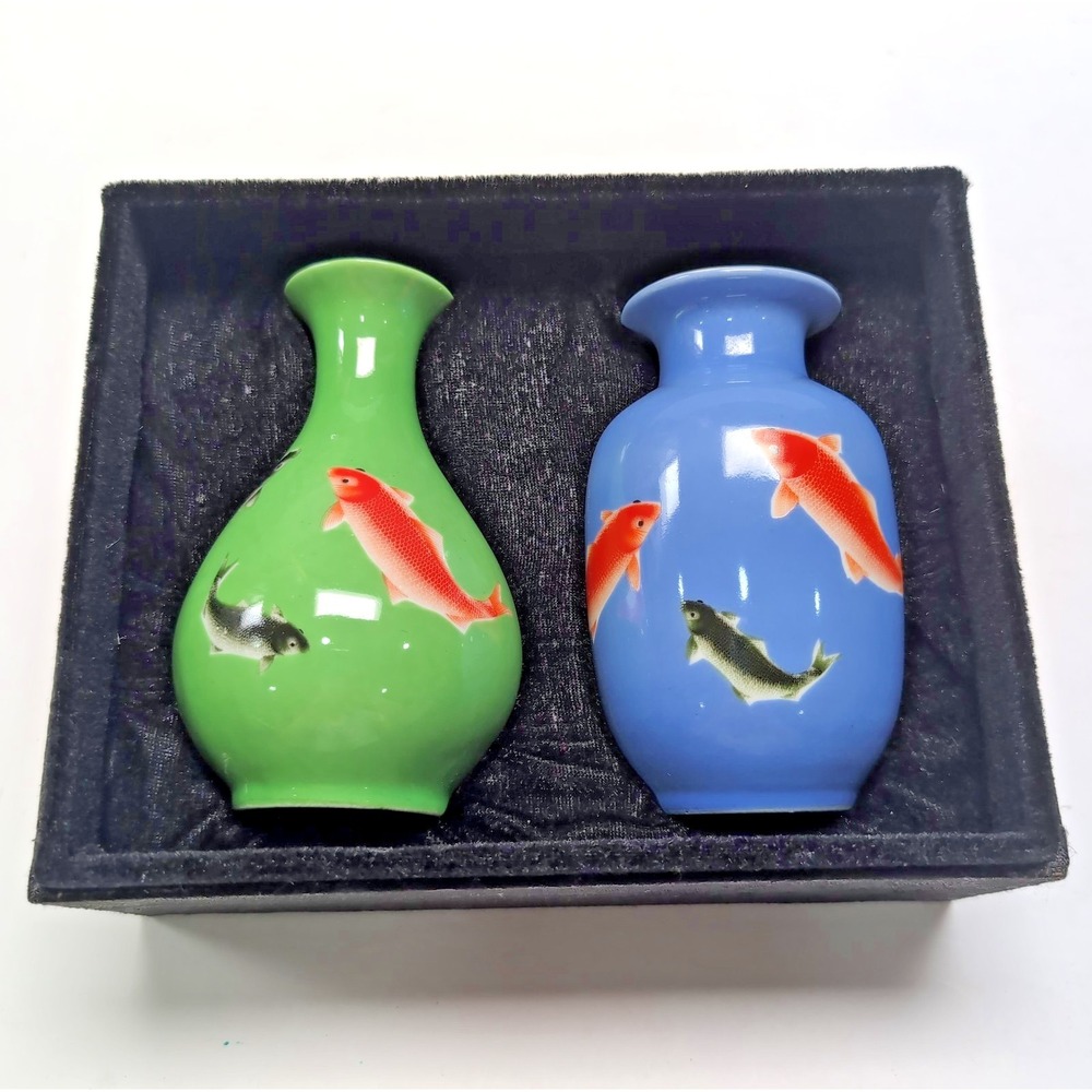 Z Gallerie Pair of Koi Vases Chinese Reproductions Glossy Finish Blue Green Box